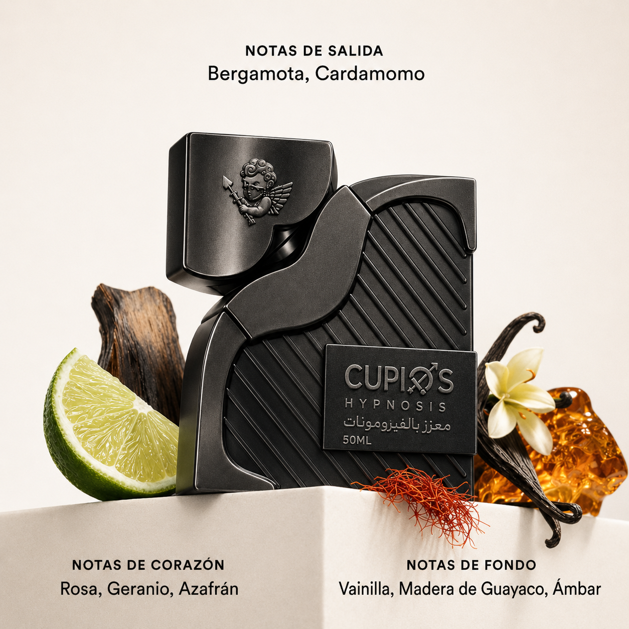 Pirámide olfativa Secret Obsession: notas de salida bergamota y cardamomo, corazón rosa, geranio y azafrán, fondo vainilla, madera de guayaco y ámbar